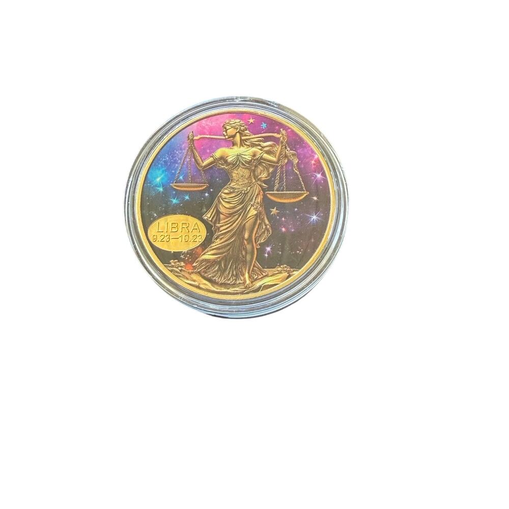 LIBRA Zodiac Astrology GOLD PLATED Unc Color Proof Medal Token 40mm- With case